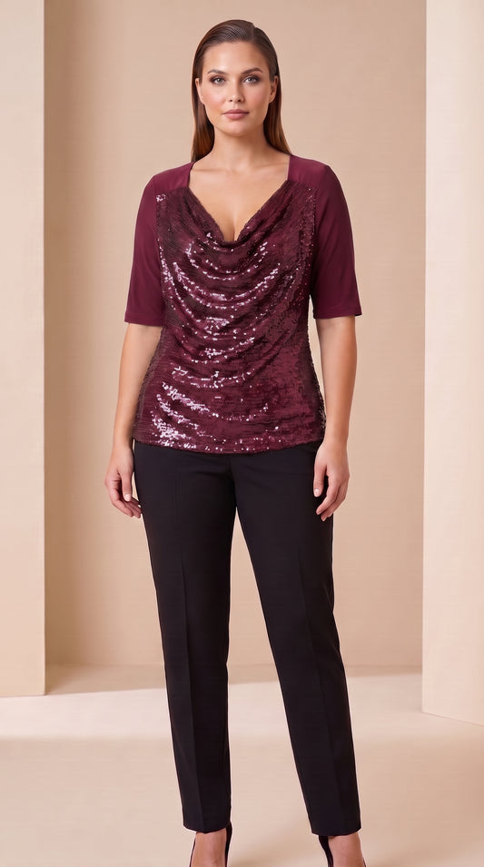 Blusa de lentejuelas con manga tres cuartos y escote drapeado - T53