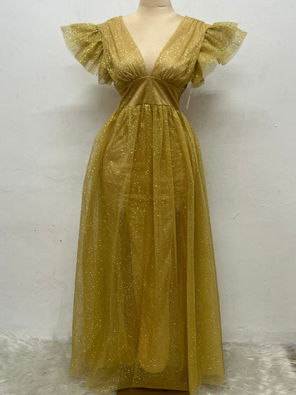 Vestido Largo con Brillos y Mangas - JULIA BRILLOS