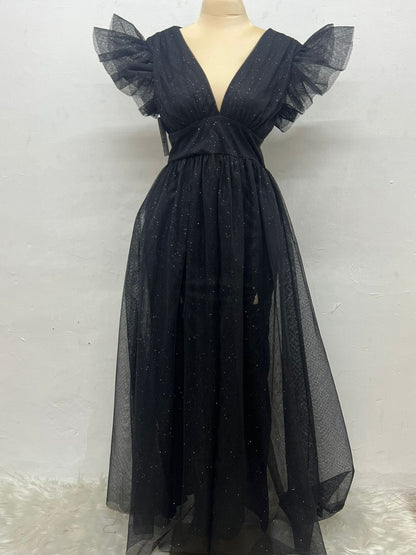 Vestido Largo con Brillos y Mangas - JULIA BRILLOS