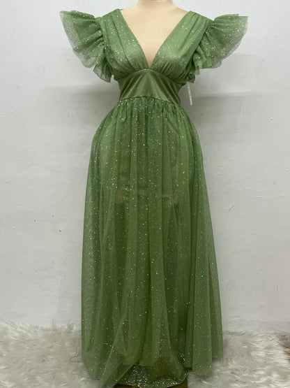 Vestido Largo con Brillos y Mangas - JULIA BRILLOS