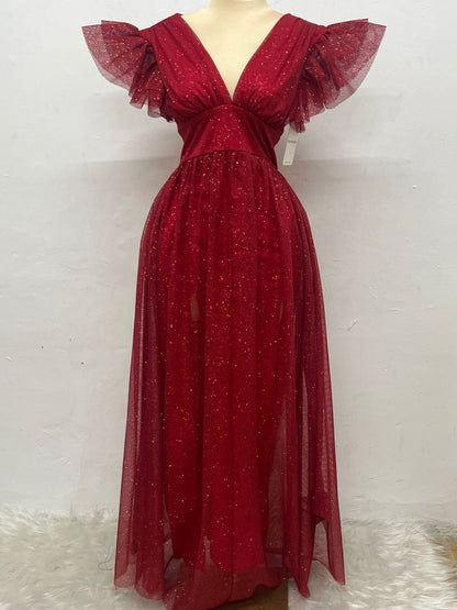 Vestido Largo con Brillos y Mangas - JULIA BRILLOS