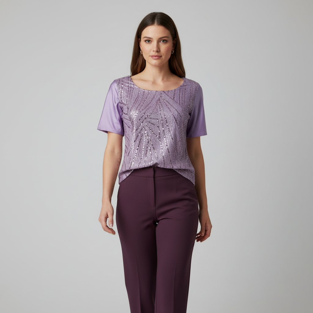 Blusa de lentejuela manga corta T47 color lila, con modelo – the•moda