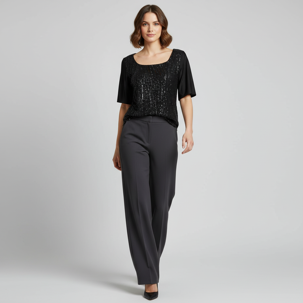 Blusa de lentejuela manga corta T47 color negro, con modelo – the•moda