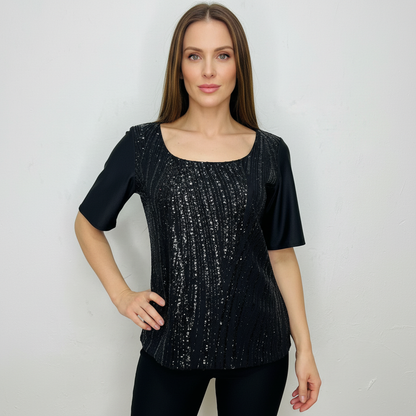 Blusa de lentejuela manga corta T47 color negro, con modelo – the•moda