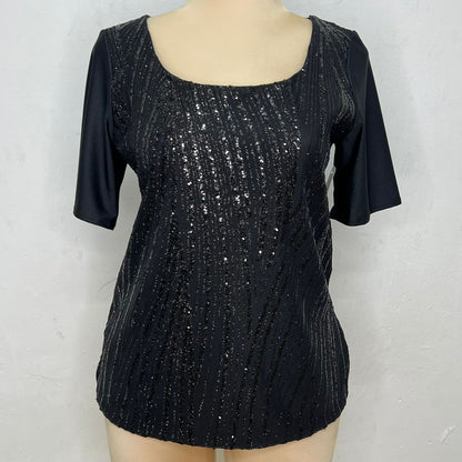 Blusa de lentejuela manga corta T47 color negro, frente – the•moda