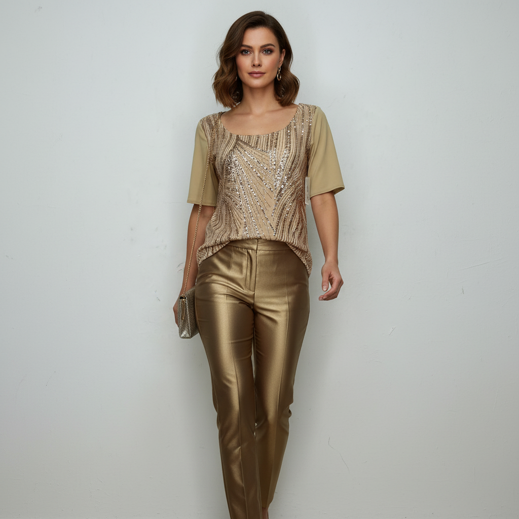 Blusa de lentejuela manga corta T47 color oro, con modelo – the•moda