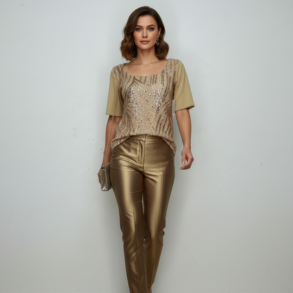 Blusa de lentejuela manga corta T47 color oro, con modelo – the•moda
