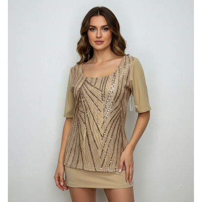 Blusa de lentejuela manga corta T47 color oro, con modelo – the•moda