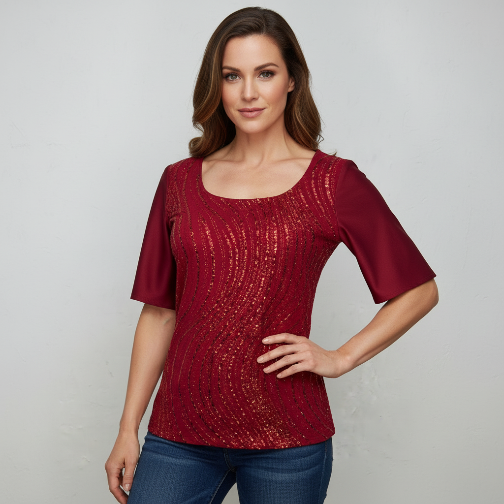 Blusa de lentejuela manga corta T47 color rojo, con modelo – the•moda