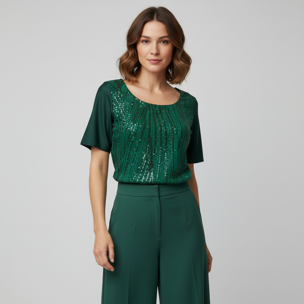 Blusa de lentejuela manga corta T47 color verde esmeralda, con modelo – the•moda