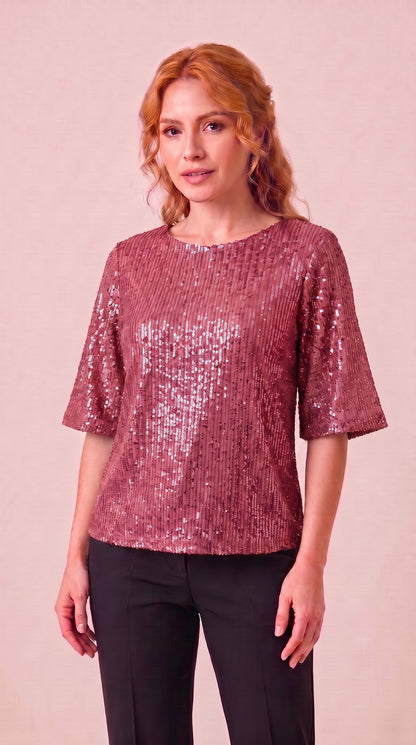 Blusa de lentejuela T55 color mauve con modelo - the•moda