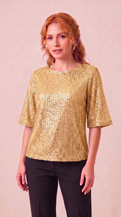 Blusa de lentejuela T55 color oro con modelo - the•moda