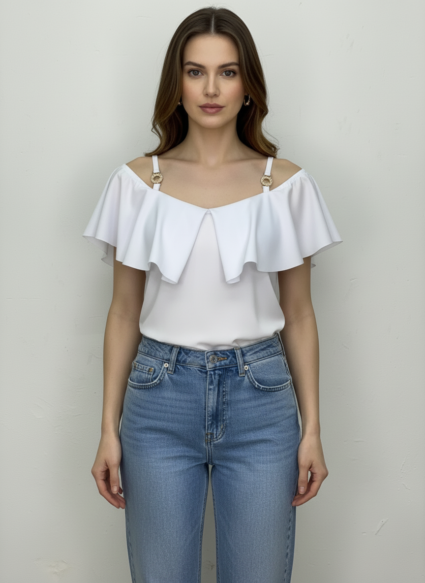 Blusa casual de tirantes con olán T50 color blanco, con modelo, frente – the•moda