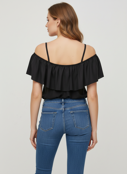 Blusa casual de tirantes con olán T50 color negro, con modelo, espalda – the•moda