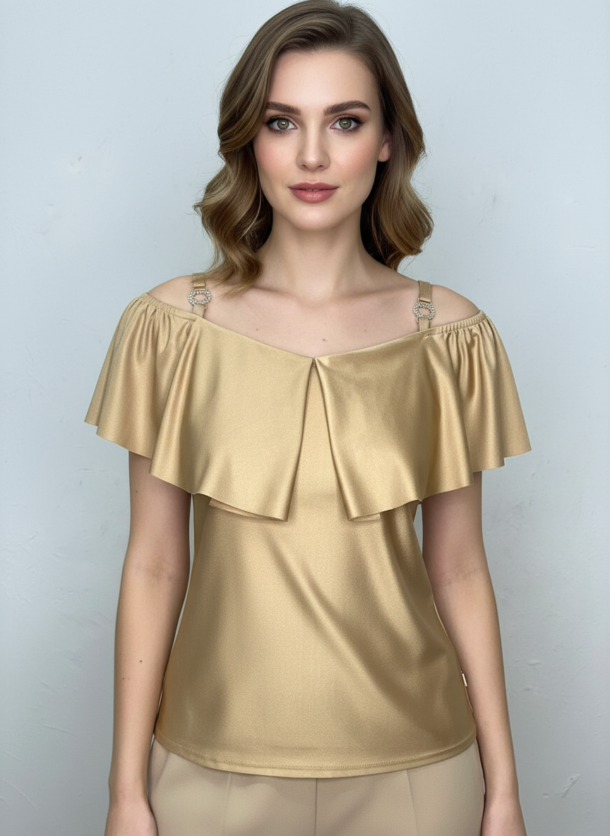 Blusa casual de tirantes con olán T50 color oro, con modelo – the•moda