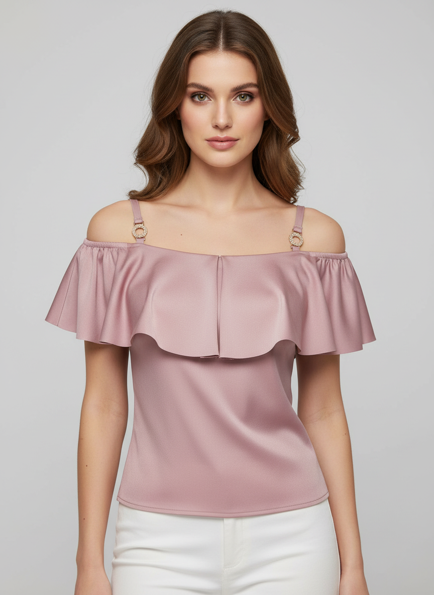 Blusa casual de tirantes con olán T50 color rosa palo, con modelo, frente – the•moda