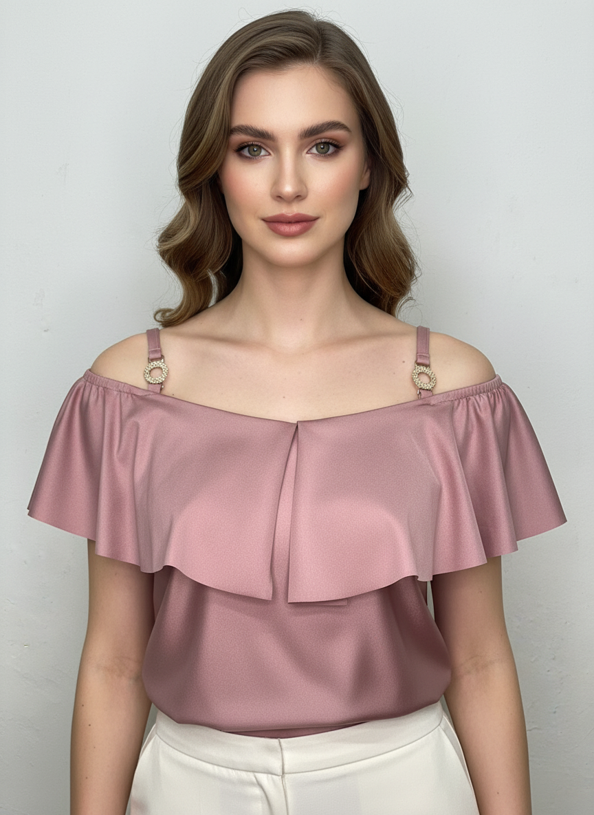 Blusa casual de tirantes con olán T50 color rosa palo, con modelo – the•moda