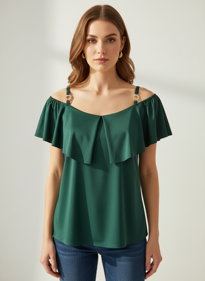 Blusa casual de tirantes con olán T50 color verde esmeralda, con modelo, frente – the•moda
