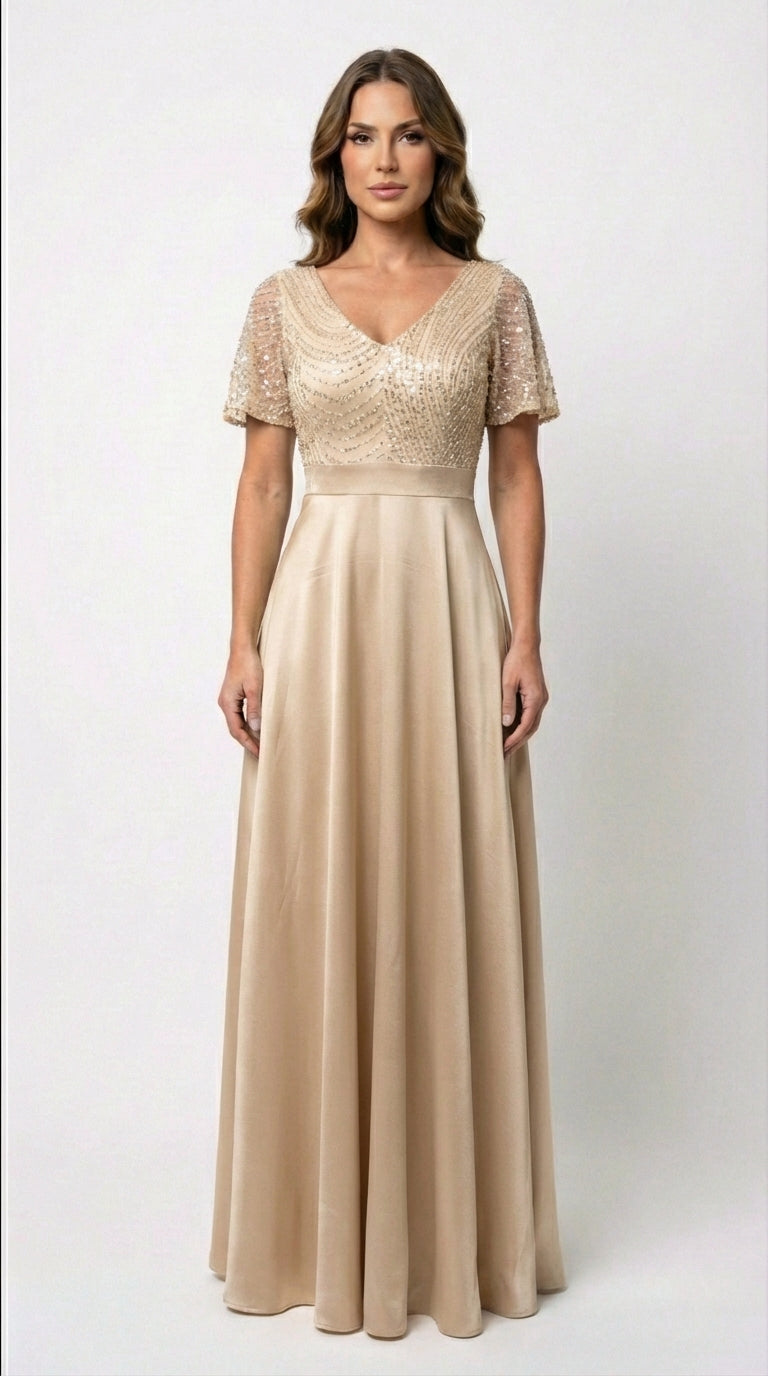 Vestido Largo Con Mangas y Encaje - GALA