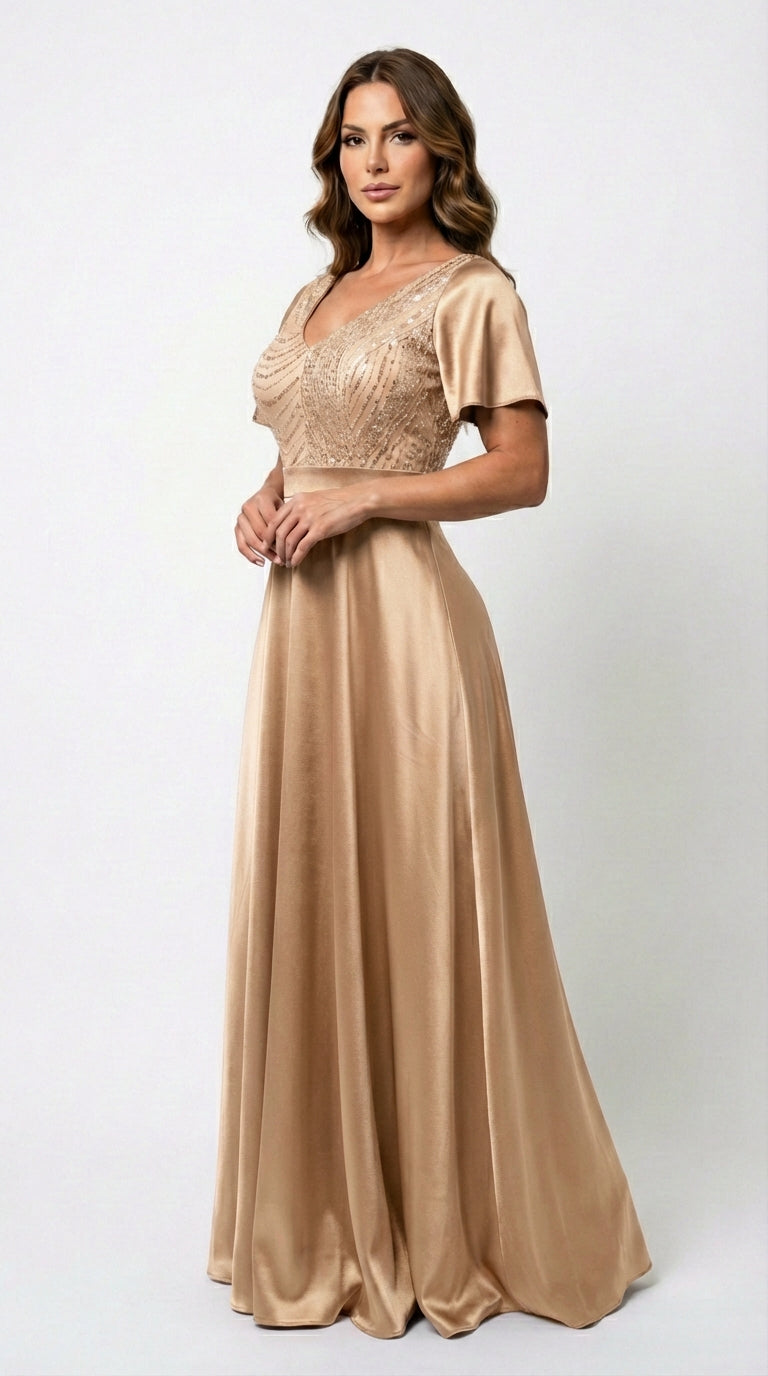 Vestido Largo Con Mangas y Encaje - GALA