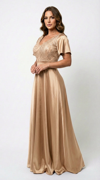 Vestido Largo Con Mangas y Encaje - GALA