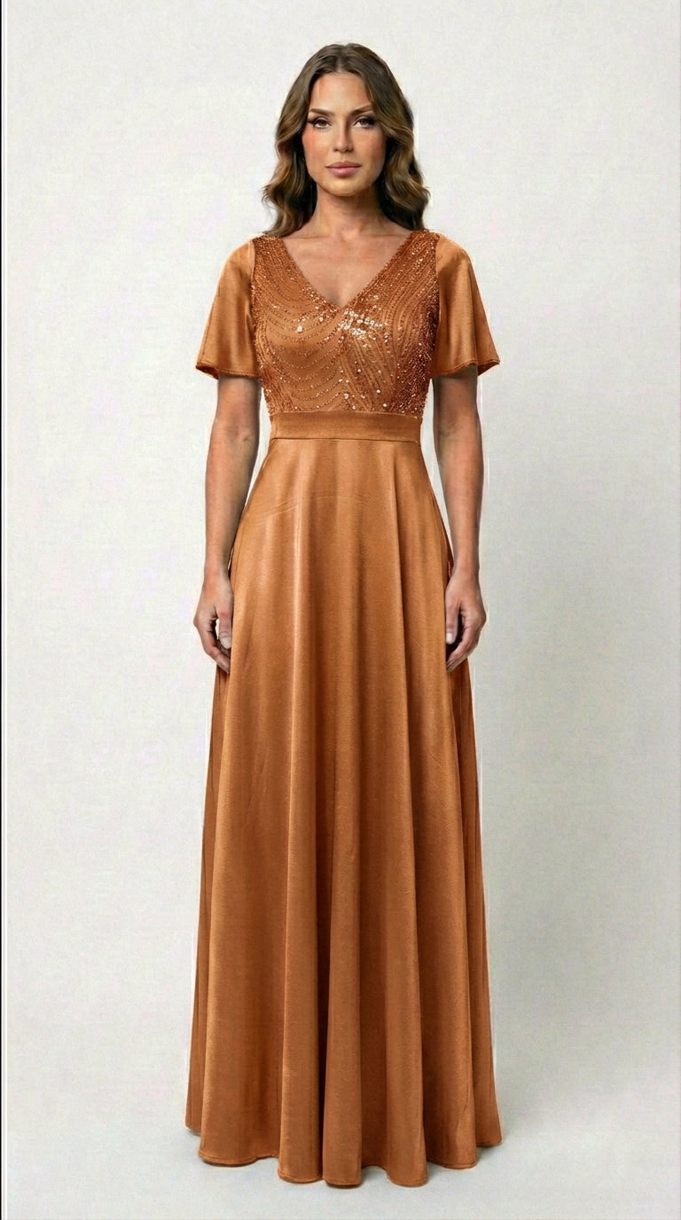 Vestido Largo Con Mangas y Encaje - GALA