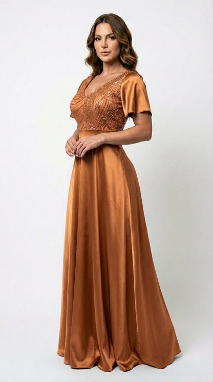 Vestido Largo Con Mangas y Encaje - GALA