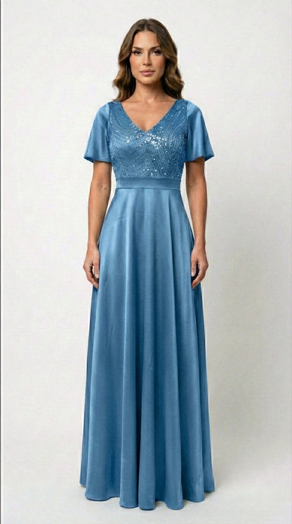 Vestido Largo Con Mangas y Encaje - GALA