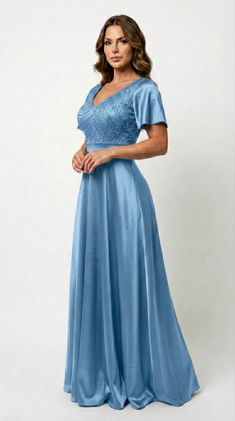 Vestido Largo Con Mangas y Encaje - GALA