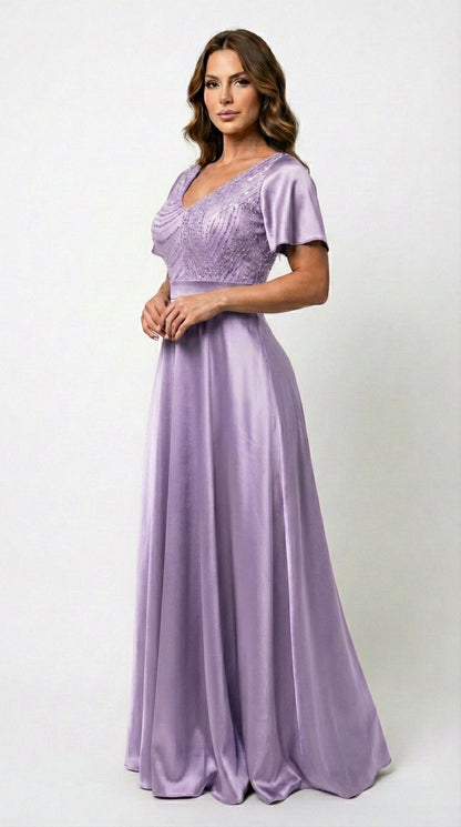 Vestido Largo Con Mangas y Encaje - GALA