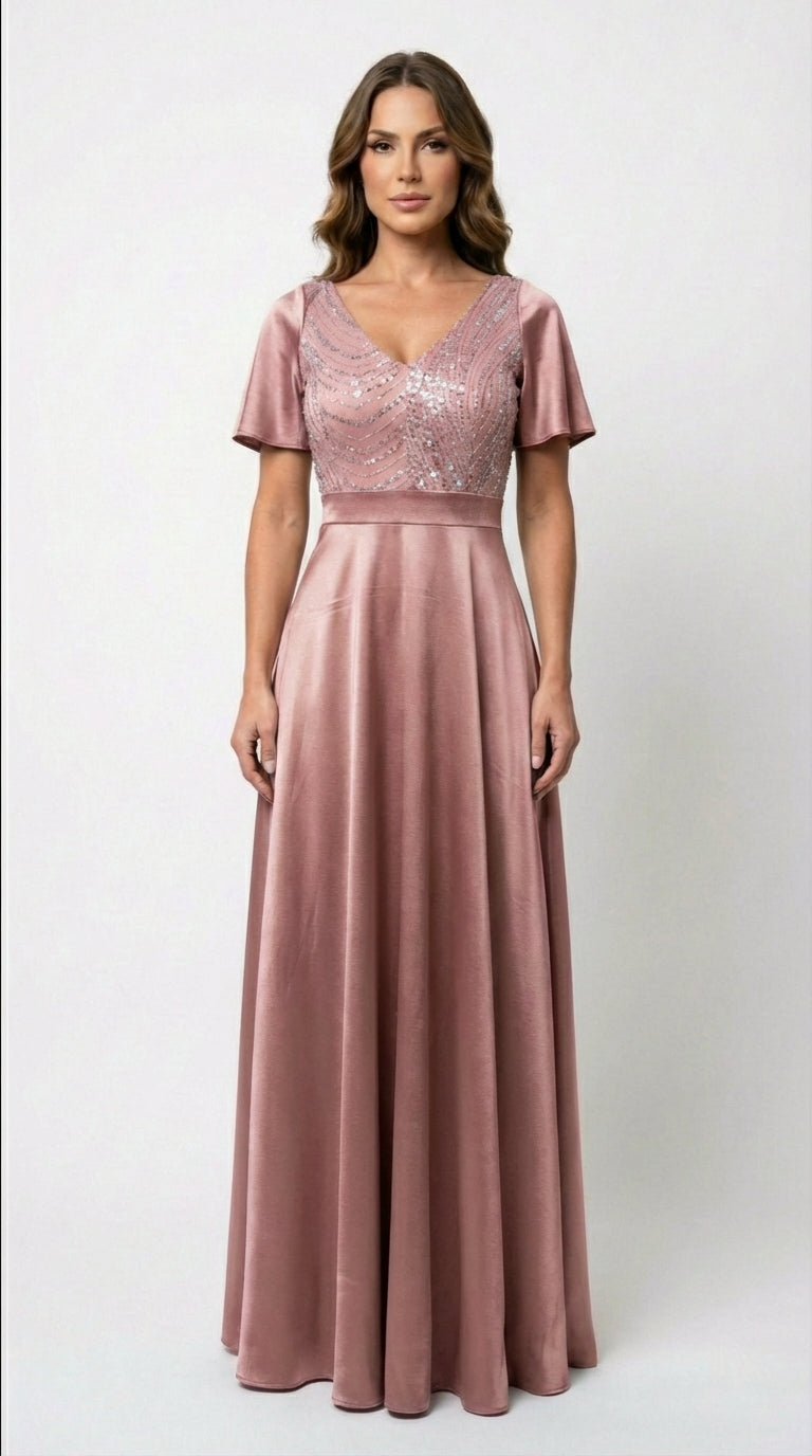 Vestido Largo Con Mangas y Encaje - GALA