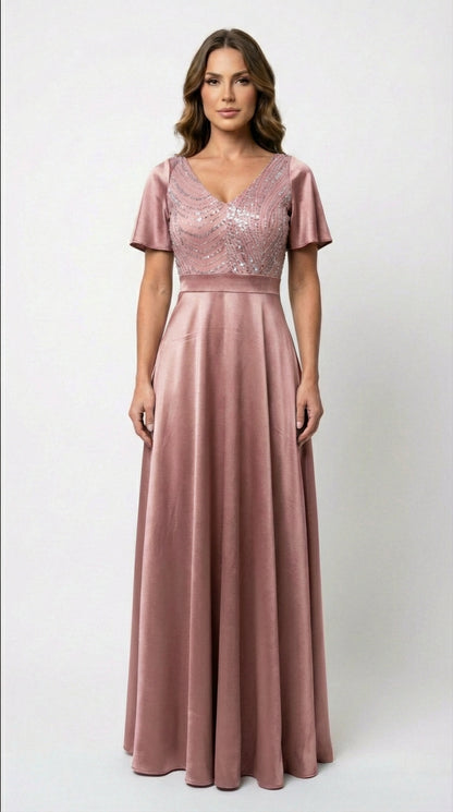 Vestido Largo Con Mangas y Encaje - GALA