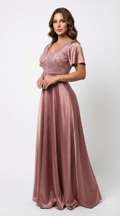 Vestido Largo Con Mangas y Encaje - GALA