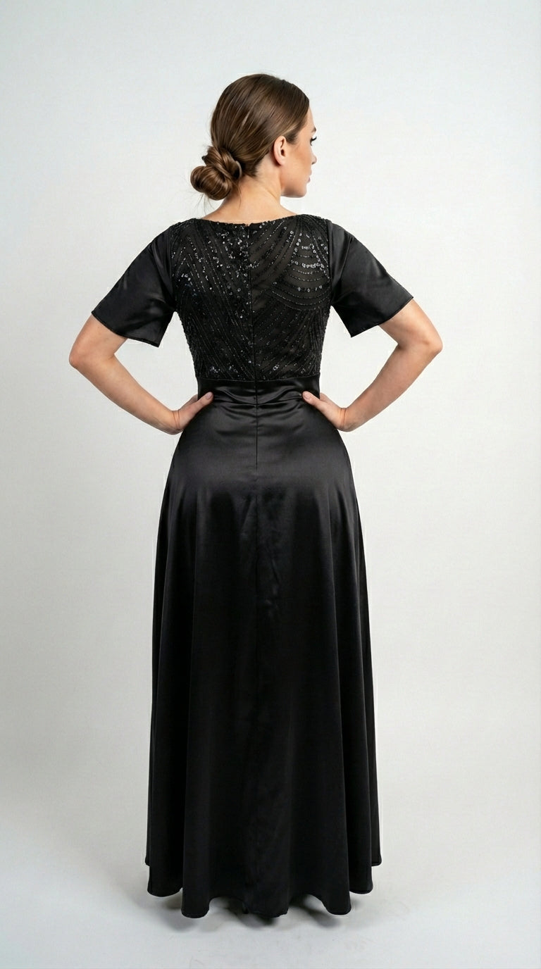 Vestido Largo Con Mangas y Encaje - GALA