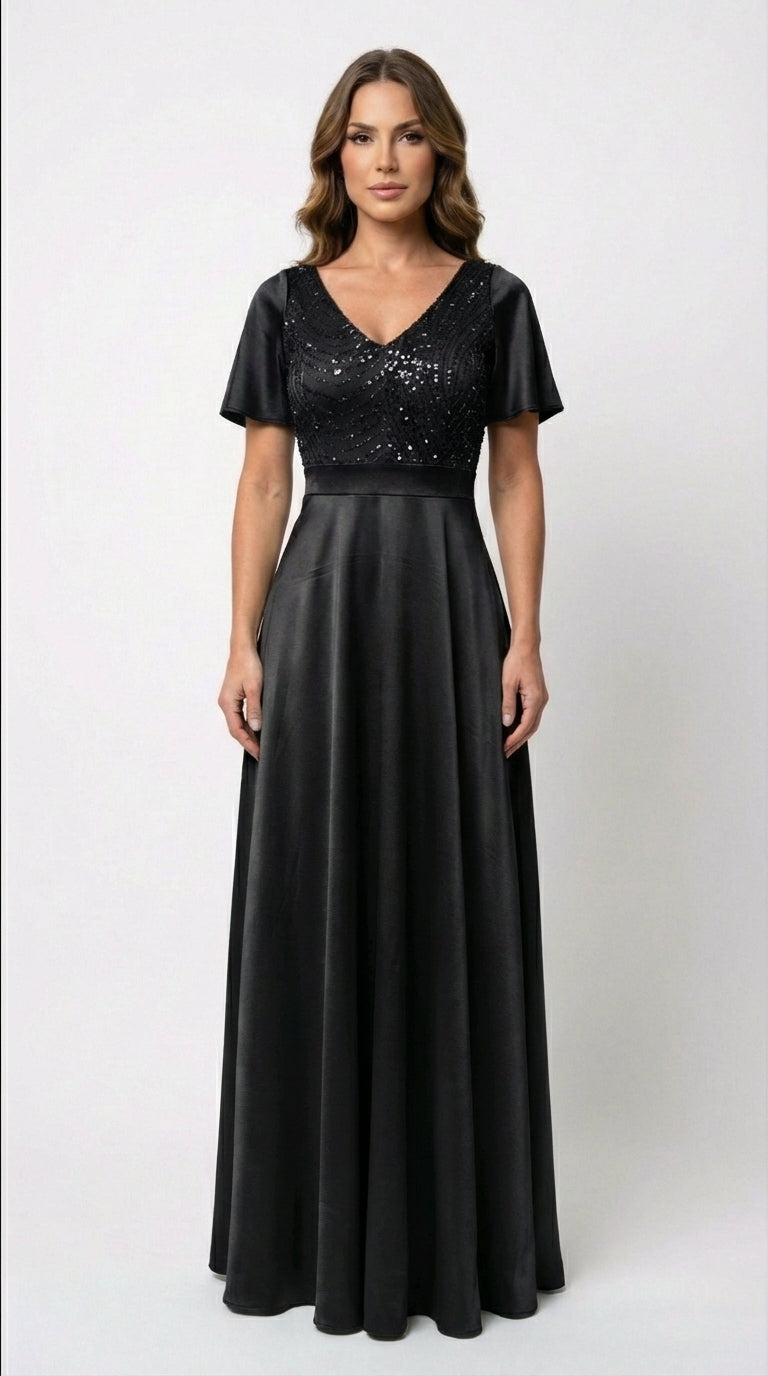 Vestido Largo Con Mangas y Encaje - GALA