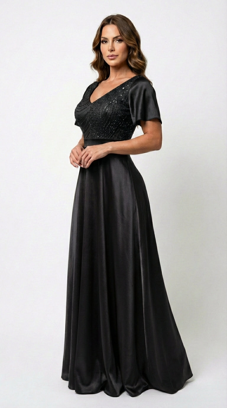 Vestido Largo Con Mangas y Encaje - GALA