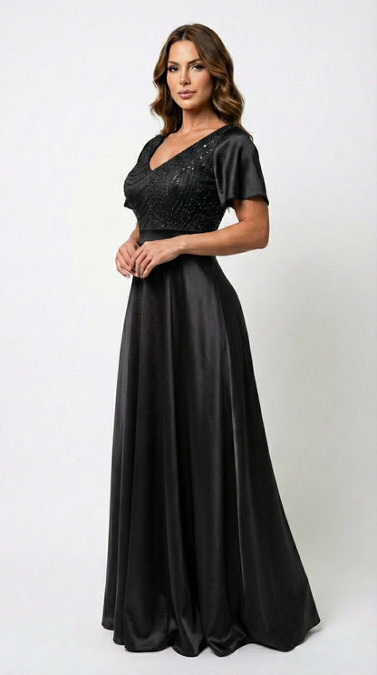 Vestido Largo Con Mangas y Encaje - GALA