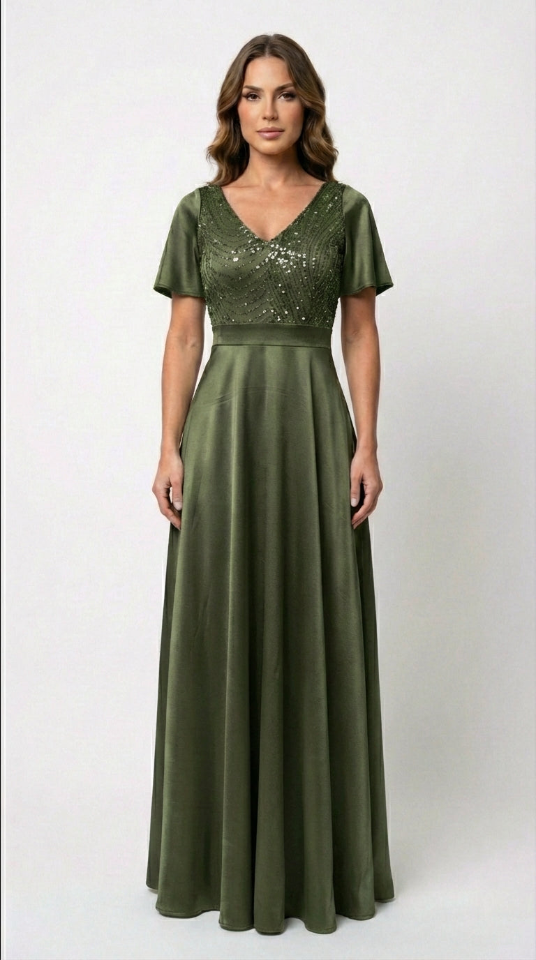 Vestido Largo Con Mangas y Encaje - GALA