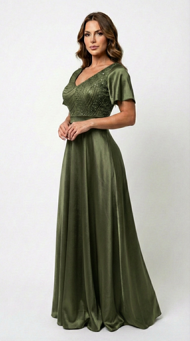 Vestido Largo Con Mangas y Encaje - GALA