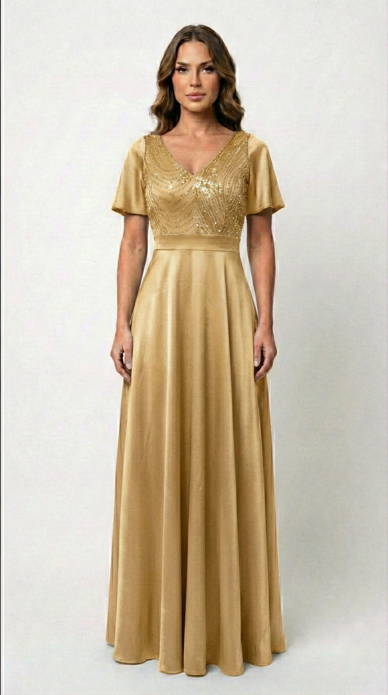 Vestido Largo Con Mangas y Encaje - GALA