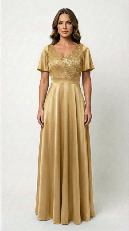 Vestido Largo Con Mangas y Encaje - GALA