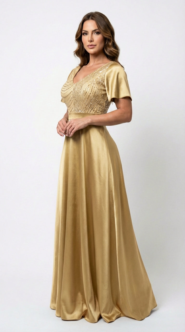 Vestido Largo Con Mangas y Encaje - GALA