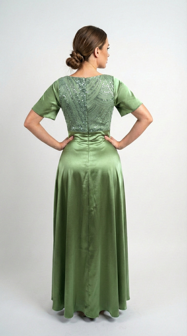 Vestido Largo Con Mangas y Encaje - GALA