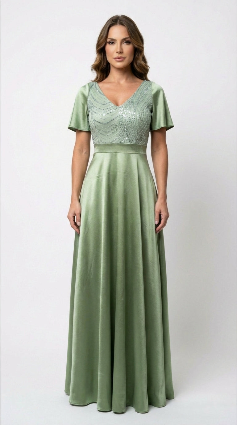 Vestido Largo Con Mangas y Encaje - GALA