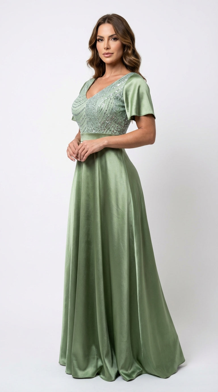 Vestido Largo Con Mangas y Encaje - GALA