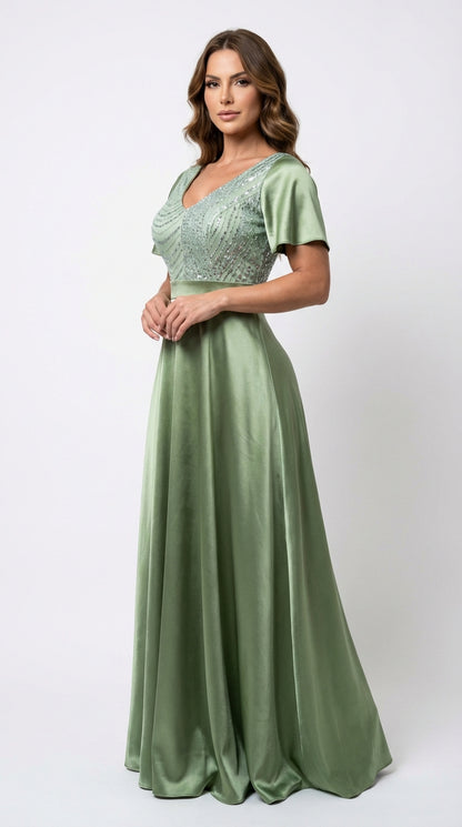 Vestido Largo Con Mangas y Encaje - GALA