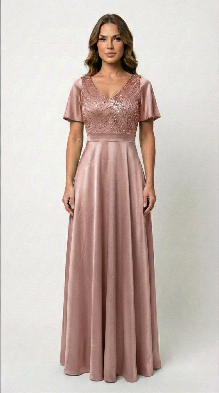 Vestido Largo Con Mangas y Encaje - GALA