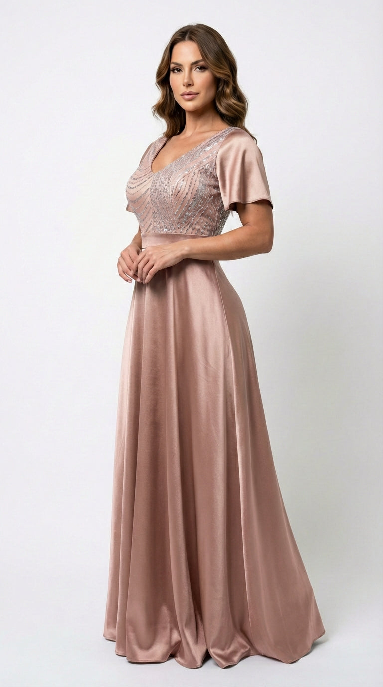 Vestido Largo Con Mangas y Encaje - GALA