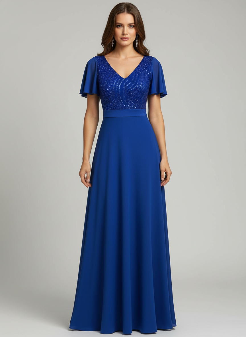 Vestido Largo Con Mangas y Encaje - GALA