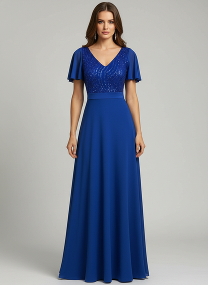 Vestido Largo Con Mangas y Encaje - GALA